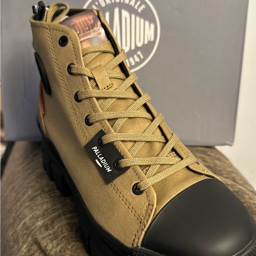 Palladium Tan and Black Combat Boots with Side Zipper